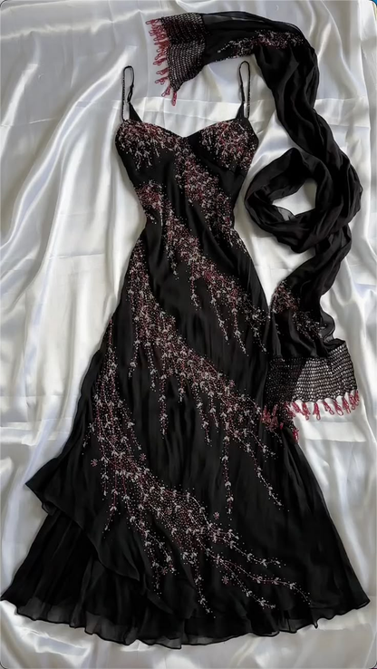 Black Spaghetti Straps Sheath Chiffon Beaded Vintage Long Evening Party Dresses, D1046