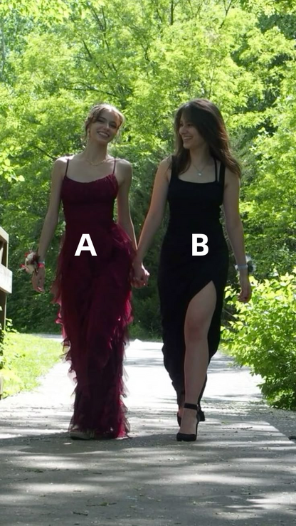 Burgundy Spaghetti Straps Sheath Ruffles Long Prom Dresses Evening Gowns, D1067