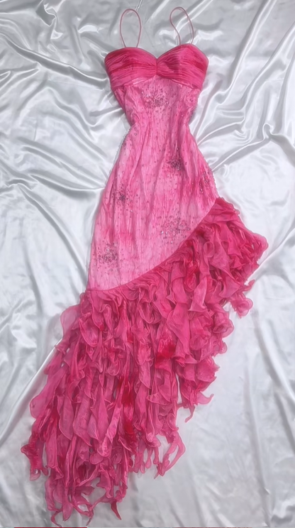 Hot Pink Spaghetti Straps A-Line Ruffles Beaded Vintage Long Party Dresses, D1090