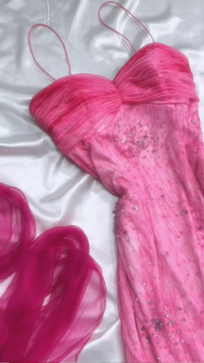 Hot Pink Spaghetti Straps A-Line Ruffles Beaded Vintage Long Party Dresses, D1090
