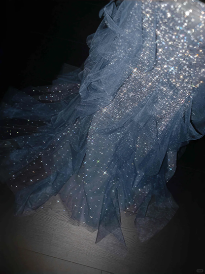 Blue Straps Ruffles Mermaid Beading Long Evening Dress Birthday Outfits, D806