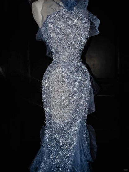 Blue Straps Ruffles Mermaid Beading Long Evening Dress Birthday Outfits, D806