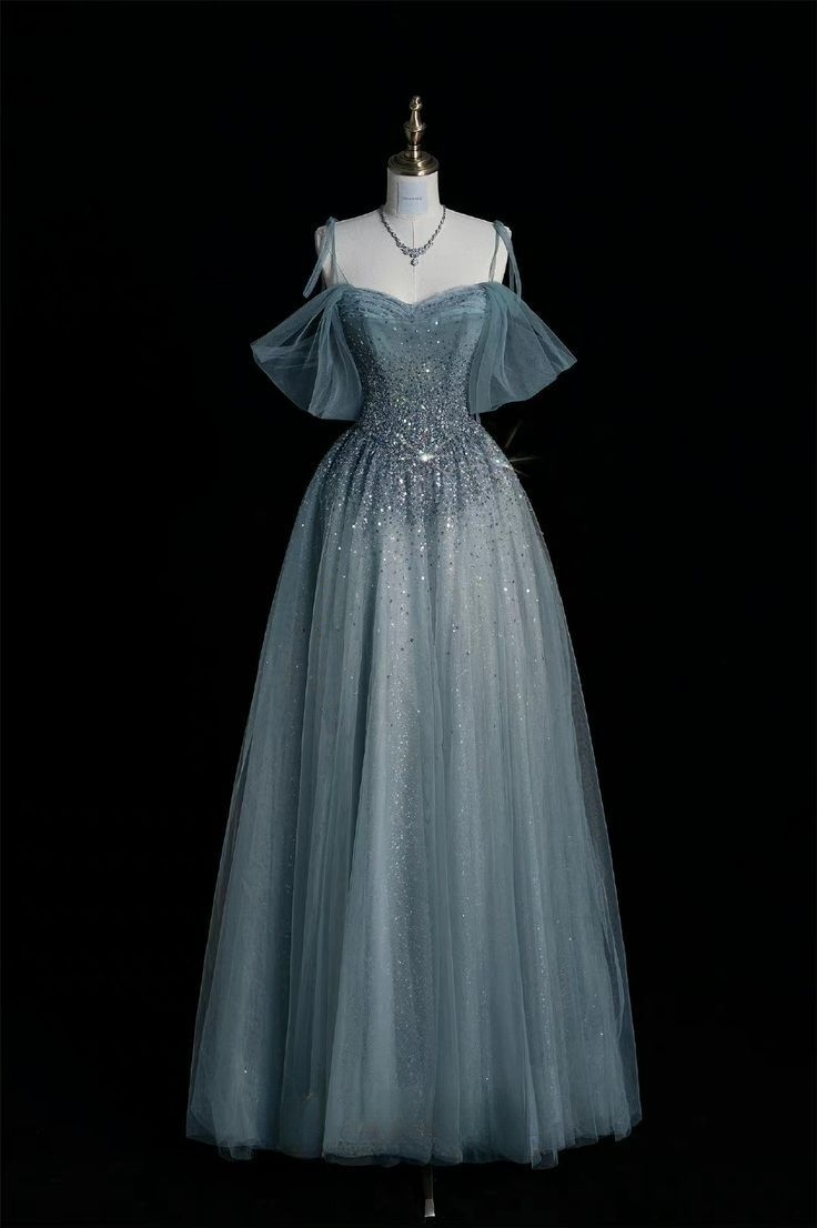 Blue Straps Off Shoulder A-Line Tulle Beaded Long Formal Evening Party Dresses, D1100