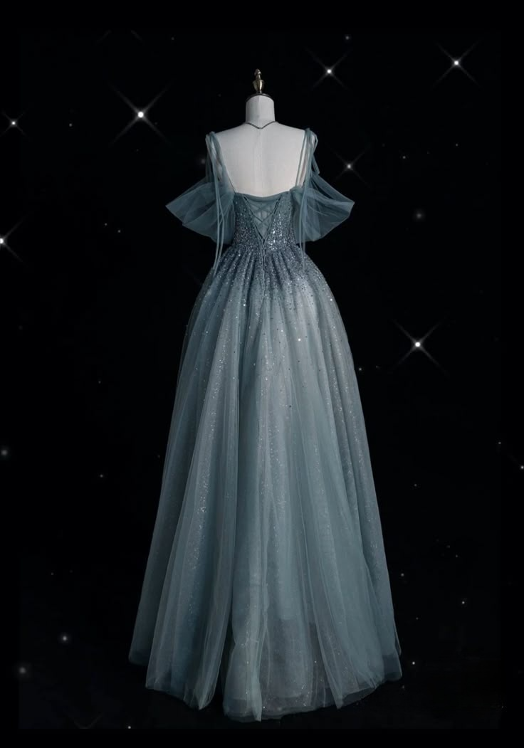 Blue Straps Off Shoulder A-Line Tulle Beaded Long Formal Evening Party Dresses, D1100