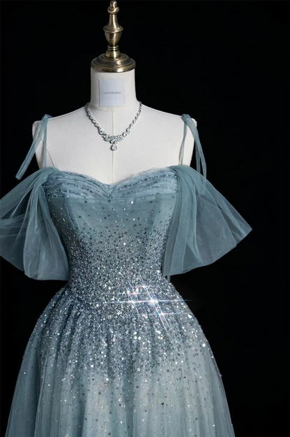 Blue Straps Off Shoulder A-Line Tulle Beaded Long Formal Evening Party Dresses, D1100