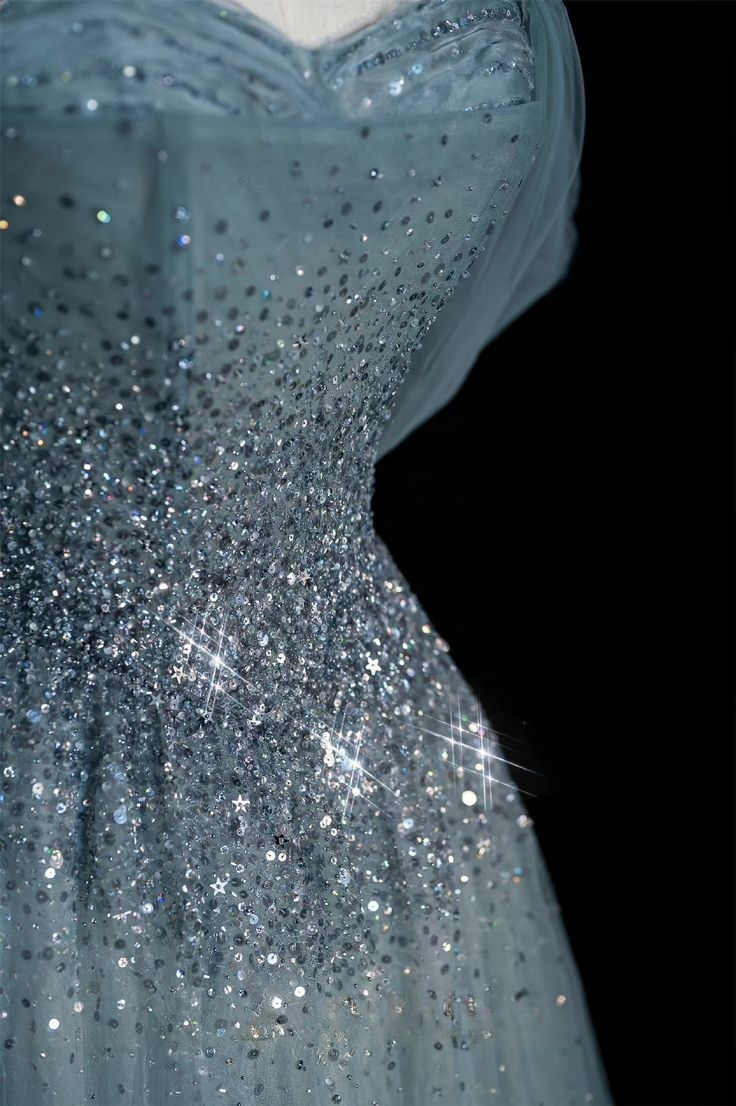 Blue Straps Off Shoulder A-Line Tulle Beaded Long Formal Evening Party Dresses, D1100