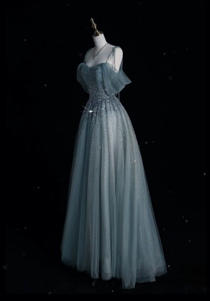 Blue Straps Off Shoulder A-Line Tulle Beaded Long Formal Evening Party Dresses, D1100