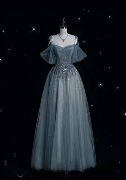 Blue Straps Off Shoulder A-Line Tulle Beaded Long Formal Evening Party Dresses, D1100