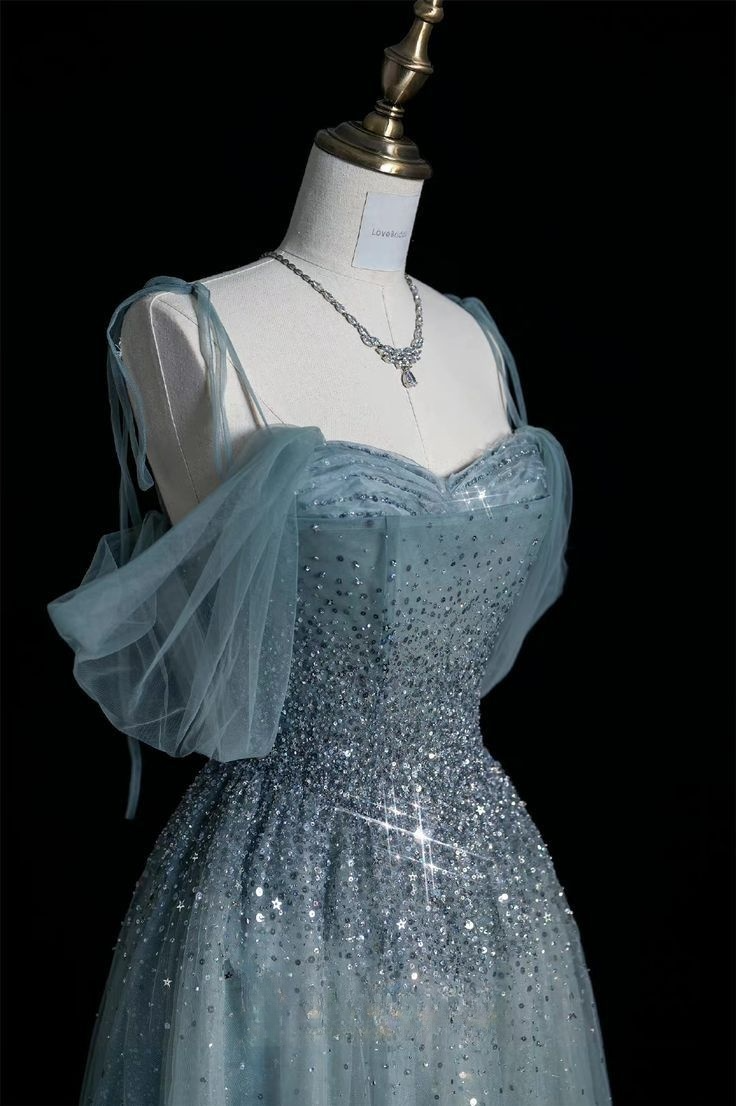 Blue Straps Off Shoulder A-Line Tulle Beaded Long Formal Evening Party Dresses, D1100