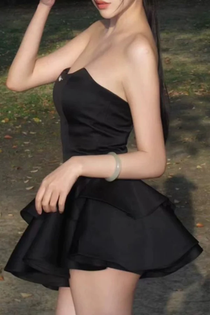 Black Strapless A-Line Satin Ruffles Homecoming Dresses Short Party Dresses, D1133
