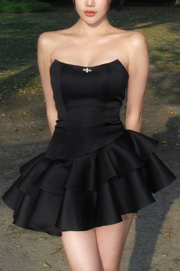 Black Strapless A-Line Satin Ruffles Homecoming Dresses Short Party Dresses, D1133