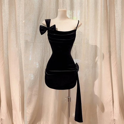 Charming Black Straps Sheath Velvet Short Party Dresses Birthday Outfits, D1137