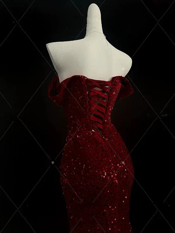 Burgundy Off Shoulder Mermaid Sequins Long Evening Party Dresses, D1180