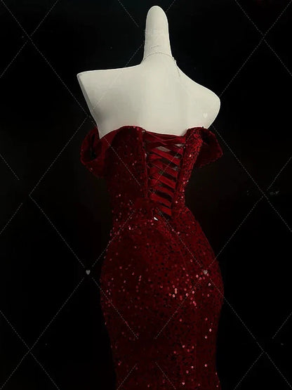 Burgundy Off Shoulder Mermaid Sequins Long Evening Party Dresses, D1180