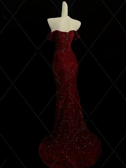 Burgundy Off Shoulder Mermaid Sequins Long Evening Party Dresses, D1180