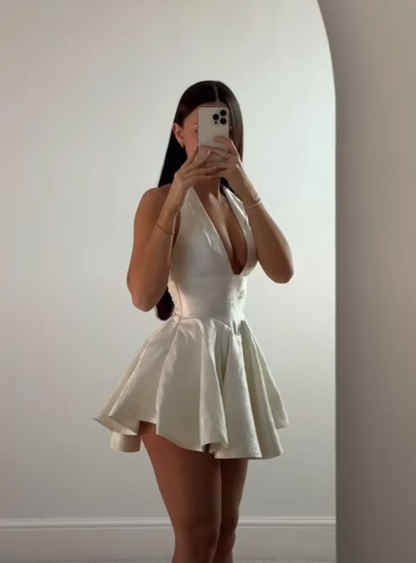 White Halter A-Line Satin Short Party Dresses Homecoming Dresses, D1244