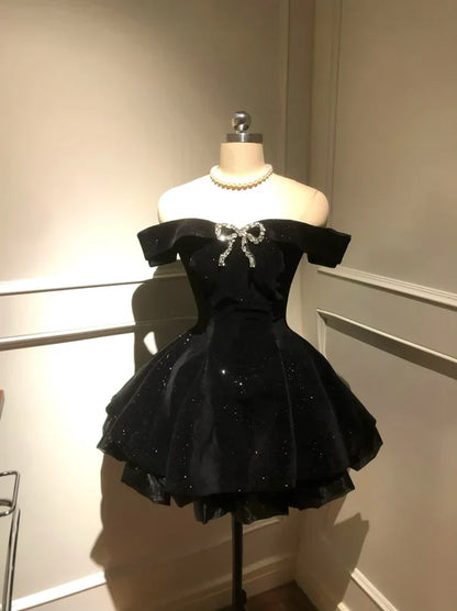 Black Off Shoulder A-Line Short Birthday Outfits Homecoming Dress, D1253