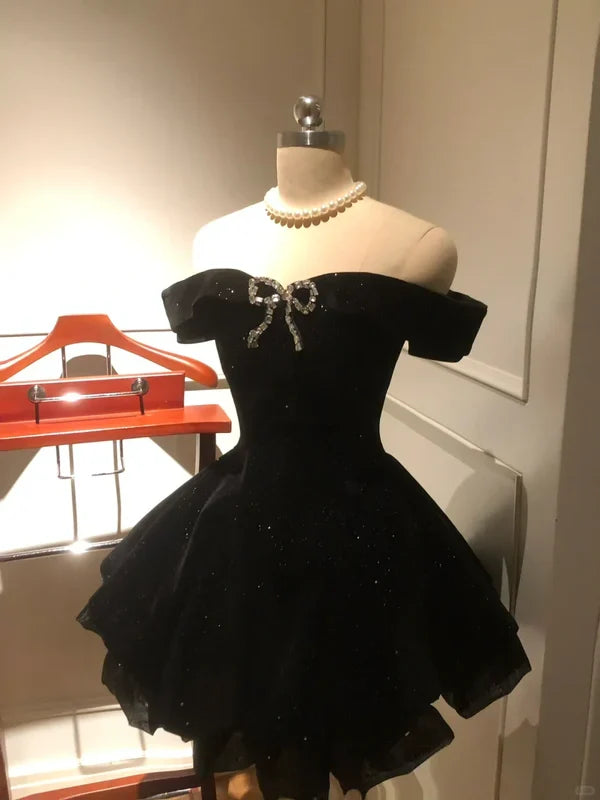 Black Off Shoulder A-Line Short Birthday Outfits Homecoming Dress, D1253