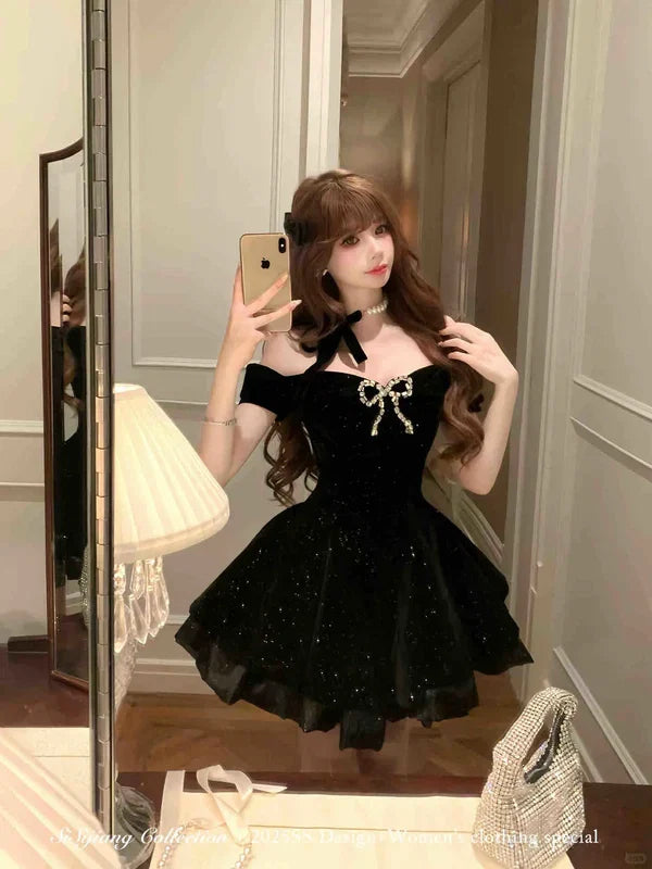 Black Off Shoulder A-Line Short Birthday Outfits Homecoming Dress, D1253