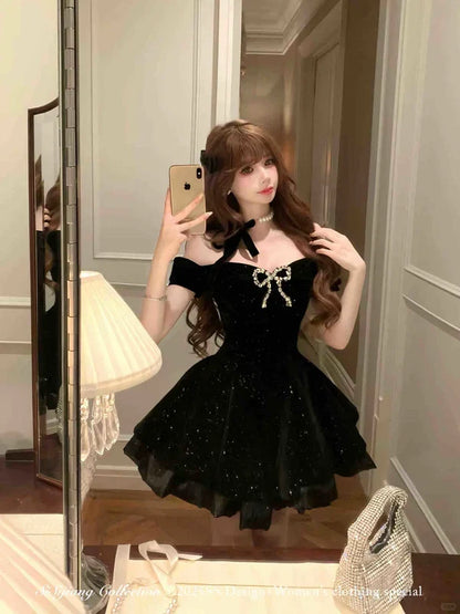 Black Off Shoulder A-Line Short Birthday Outfits Homecoming Dress, D1253
