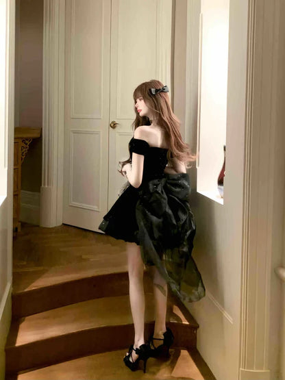 Black Off Shoulder A-Line Short Birthday Outfits Homecoming Dress, D1253