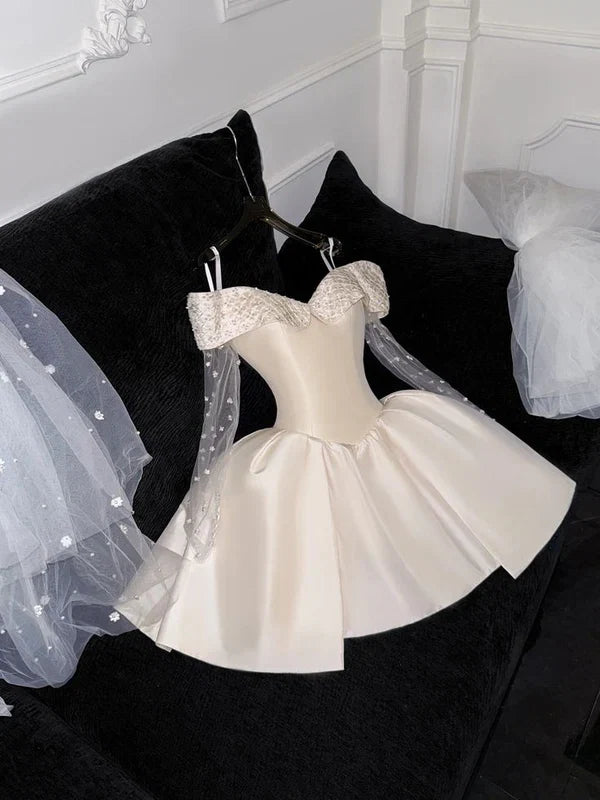 White Off Shoulder A-Line Satin Short Party Dresses Birthday Party Dresses, D1257