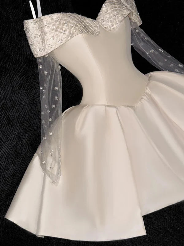 White Off Shoulder A-Line Satin Short Party Dresses Birthday Party Dresses, D1257