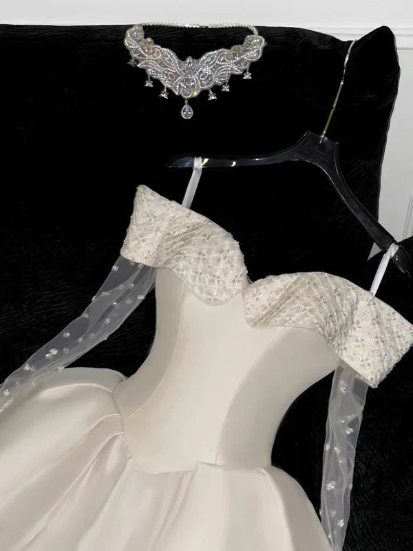 White Off Shoulder A-Line Satin Short Party Dresses Birthday Party Dresses, D1257