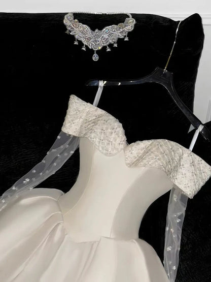 White Off Shoulder A-Line Satin Short Party Dresses Birthday Party Dresses, D1257