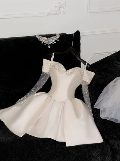 White Off Shoulder A-Line Satin Short Party Dresses Birthday Party Dresses, D1257