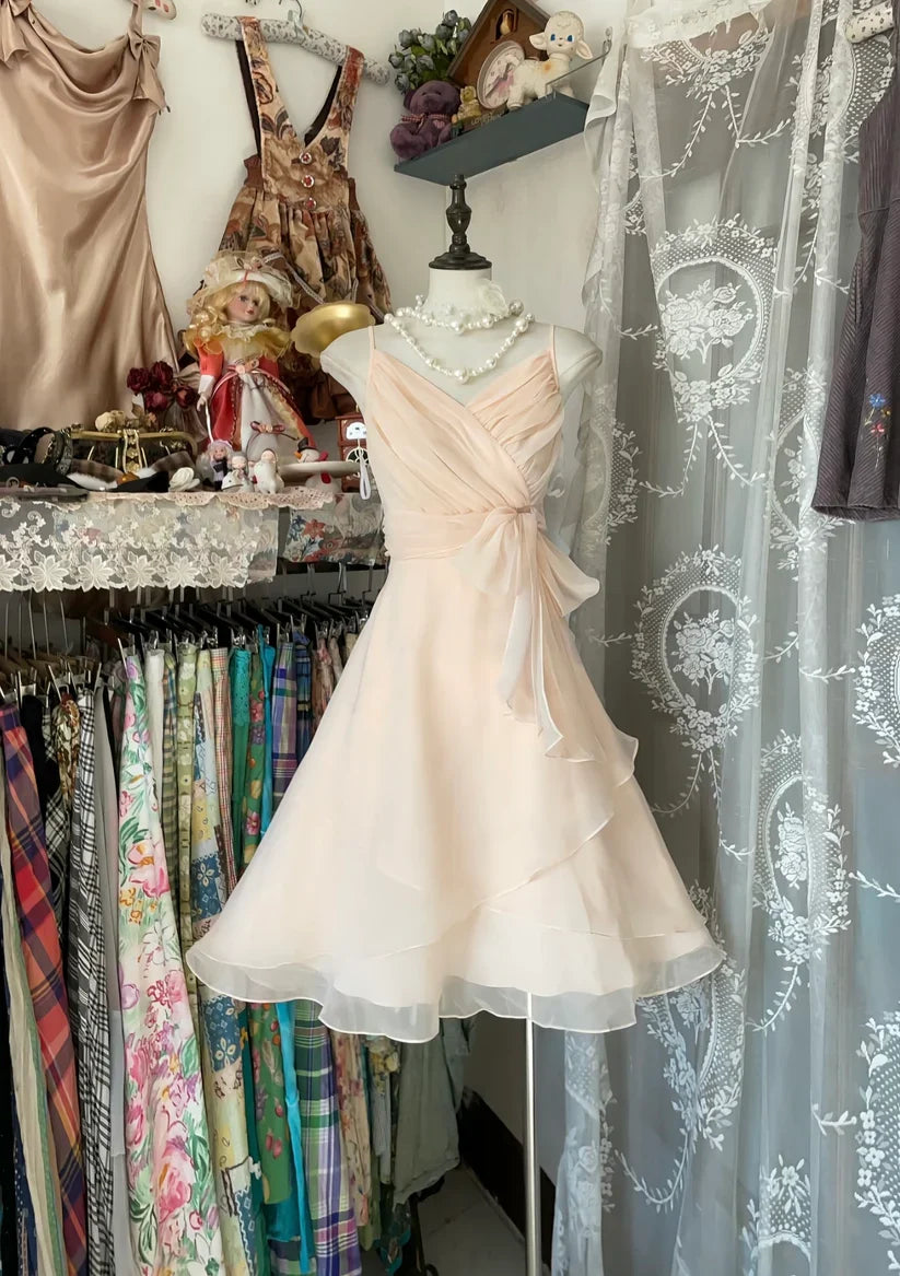 Light Pink Straps A-Line Chiffon Vintage Short Dresses Homecoming Dresses, D1297