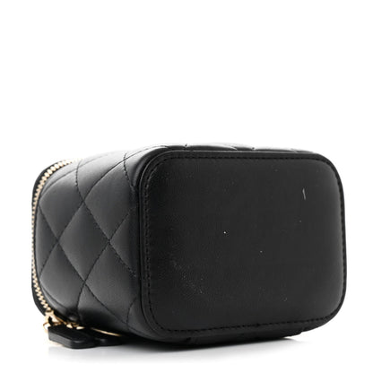 Lambskin Quilted Mini Vanity Case With Pearl Chain Black