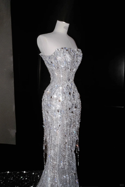 Glitter Strapless Mermaid Beading Tassel Long Evening Dress Birthday Outfits, D808
