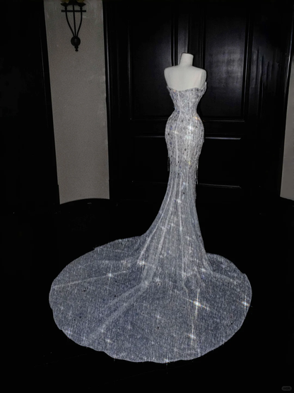 Glitter Strapless Mermaid Beading Tassel Long Evening Dress Birthday Outfits, D808
