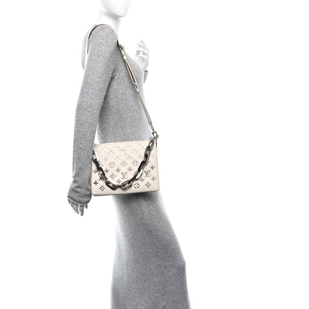 Lambskin Embossed Monogram Coussin PM Cream Grey