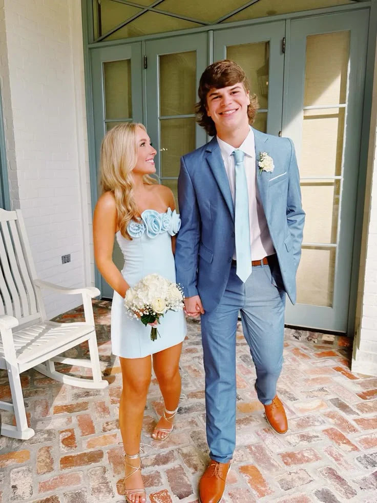 Light Blue Strapless Sheath Short Homecoming Dresses With 3d Flower, D1306