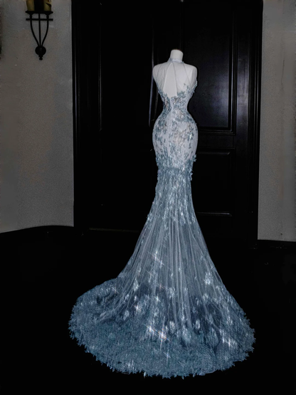 Blue Sleeveless Mermaid Beading Appliques Long Evening Dress Birthday Outfits, D809