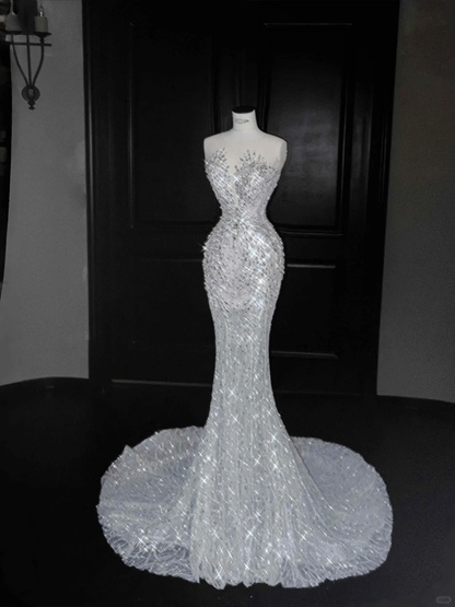 Gorgeous Sleeveless Mermaid Shiny Beading Long Evening Dress Birthday Outfits, D810