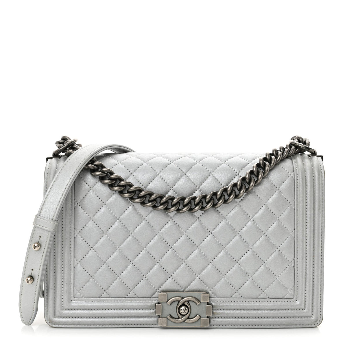 Metallic Calfskin Quilted New Medium Boy Flap Silver