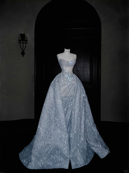 Gorgeous Strapless Mermaid Shiny Long Evening Dress Birthday Outfits with Train, D813