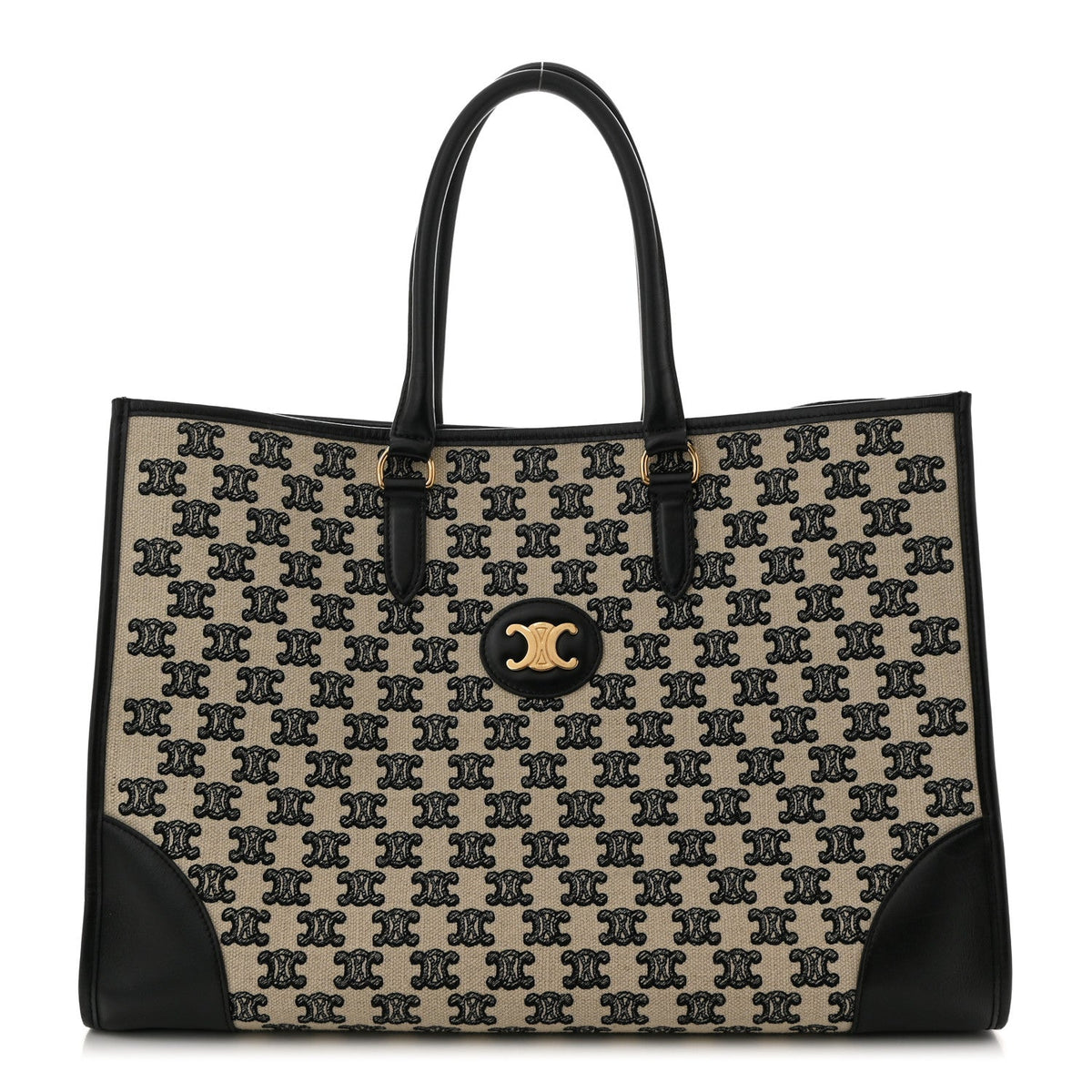 Canvas Calfskin Triomphe Embroidered Horizontal Cabas Black