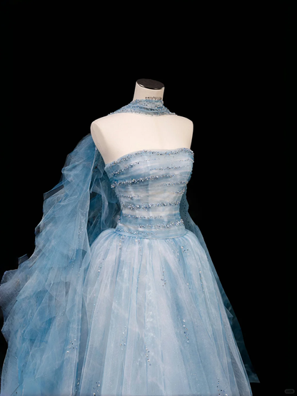 Gorgeous Blue Strapless A-Line Tulle Long Evening Dress Ball Gown Birthday Outfits, D814
