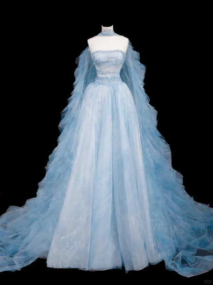 Gorgeous Blue Strapless A-Line Tulle Long Evening Dress Ball Gown Birthday Outfits, D814