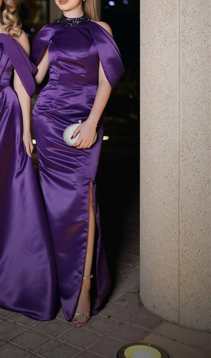 Elegant Purple Halter Mermaid Satin Long Formal Prom Dress, D199