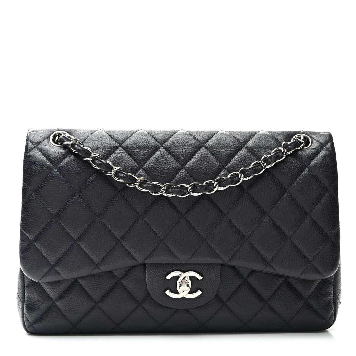 Caviar Quilted Jumbo Double Flap Navy Blue