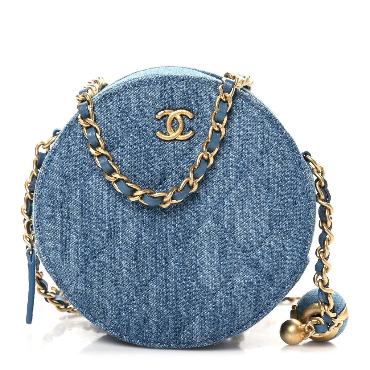 Denim Quilted Round Pearl Crush Clutch With Chain Blue