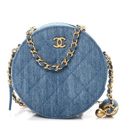 Denim Quilted Round Pearl Crush Clutch With Chain Blue