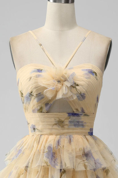 Vintage Yellow Floral Design A-line Spaghetti Strap Tiered Homecoming Dress, D1355
