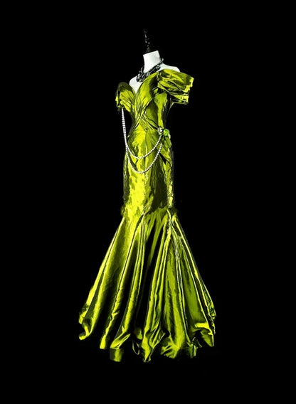 Bright Green Off Shoulder Mermaid Satin Vintage Long Evening Party Dress, D895