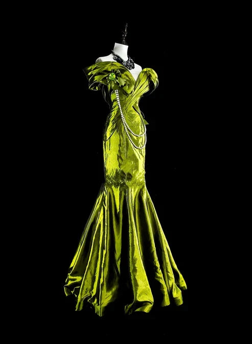 Bright Green Off Shoulder Mermaid Satin Vintage Long Evening Party Dress, D895